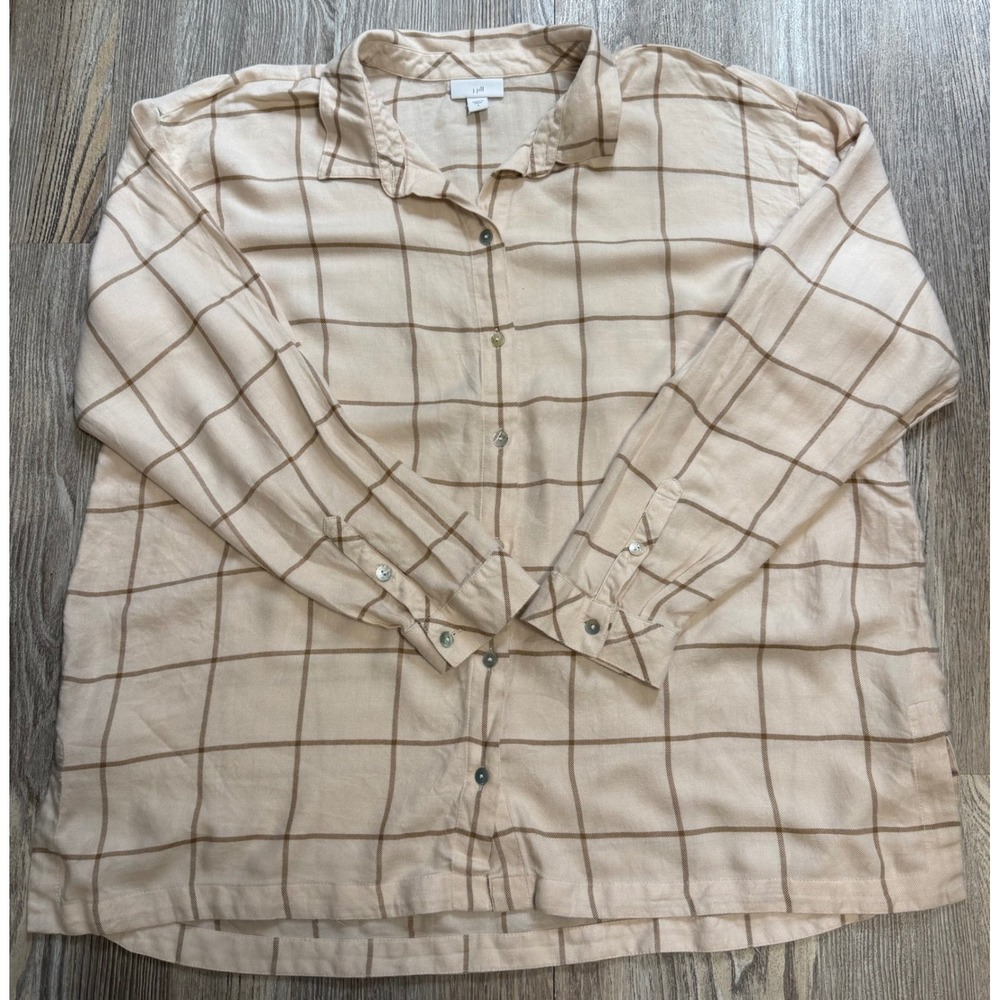 J. Jill Womens Large Beige Brown Windowpane Plaid Button Down Viscose Shirt